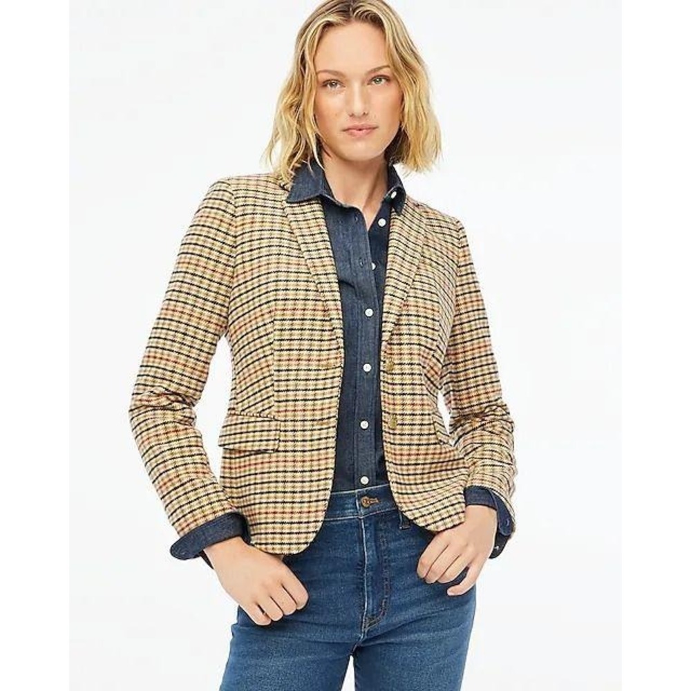 J. Crew Schoolboy Blazer 12 Tan Plaid Wool Blend Gold Crest Button Preppy Jacket - Picture 3 of 11